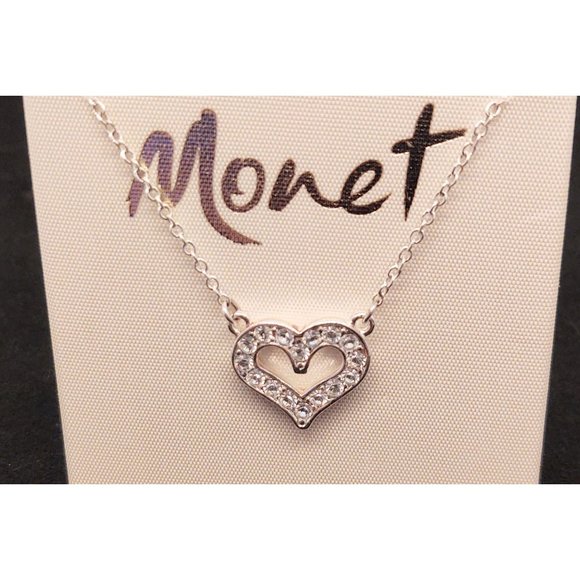 Monet Crystal Heart Silver Tone Vintage Necklace - Picture 4 of 7